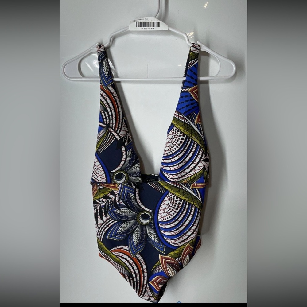 NWT Zara One Pice Blue Pink Floral Swimsuit with Plunge Neck!